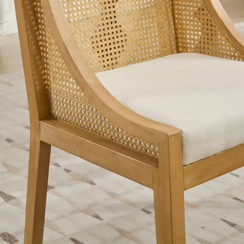 Rattan Dining Chair, Solid Wood Frame, Decorative Armrests, Linen Seat, Rustic Style, Natural Finish, Single Pack