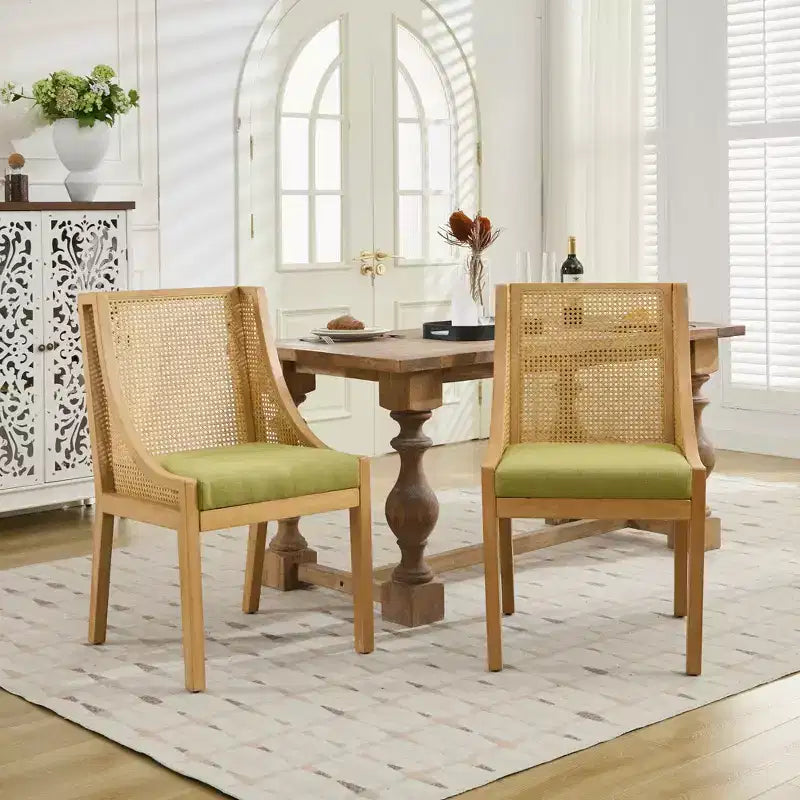 Rattan Dining Chair, Solid Wood Frame, Decorative Armrests, Linen Seat, Rustic Style, Natural Finish, Single Pack