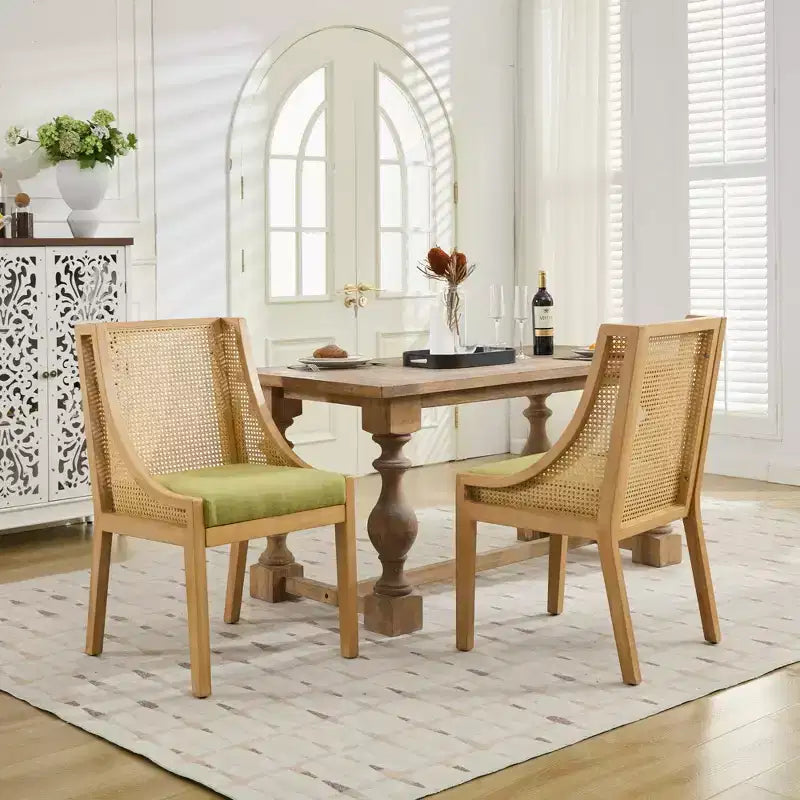 Rattan Dining Chair, Solid Wood Frame, Decorative Armrests, Linen Seat, Rustic Style, Natural Finish, Single Pack