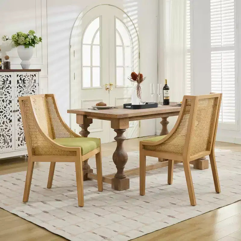 Rattan Dining Chair, Solid Wood Frame, Decorative Armrests, Linen Seat, Rustic Style, Natural Finish, Single Pack
