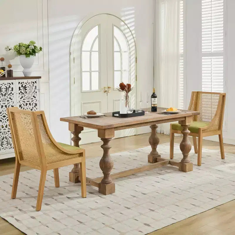 Rattan Dining Chair, Solid Wood Frame, Decorative Armrests, Linen Seat, Rustic Style, Natural Finish, Single Pack