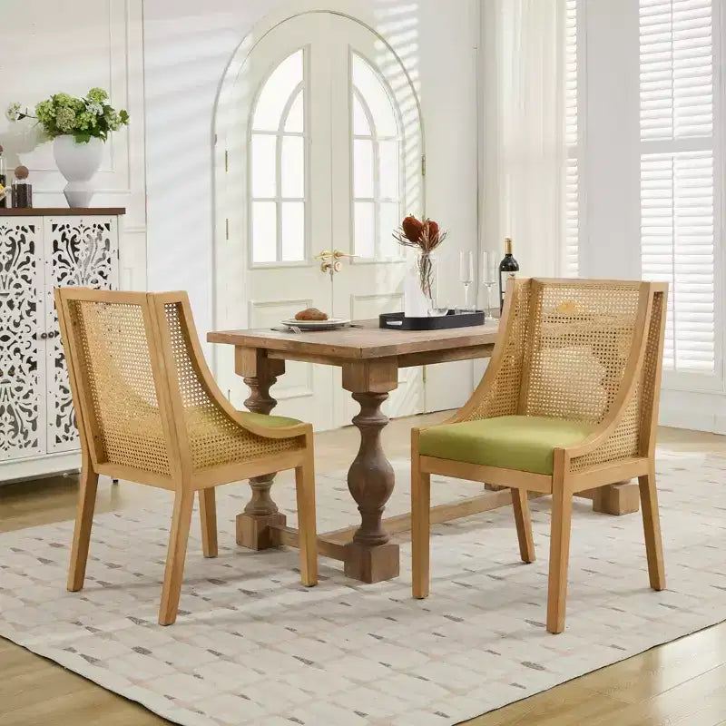 Rattan Dining Chair, Solid Wood Frame, Decorative Armrests, Linen Seat, Rustic Style, Natural Finish, Single Pack