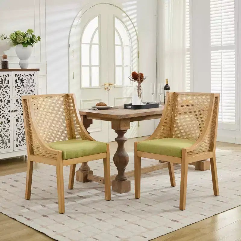 Rattan Dining Chair, Solid Wood Frame, Decorative Armrests, Linen Seat, Rustic Style, Natural Finish, Single Pack