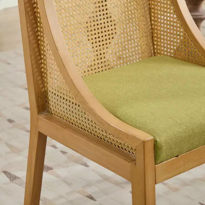 Rattan Dining Chair, Solid Wood Frame, Decorative Armrests, Linen Seat, Rustic Style, Natural Finish, Single Pack
