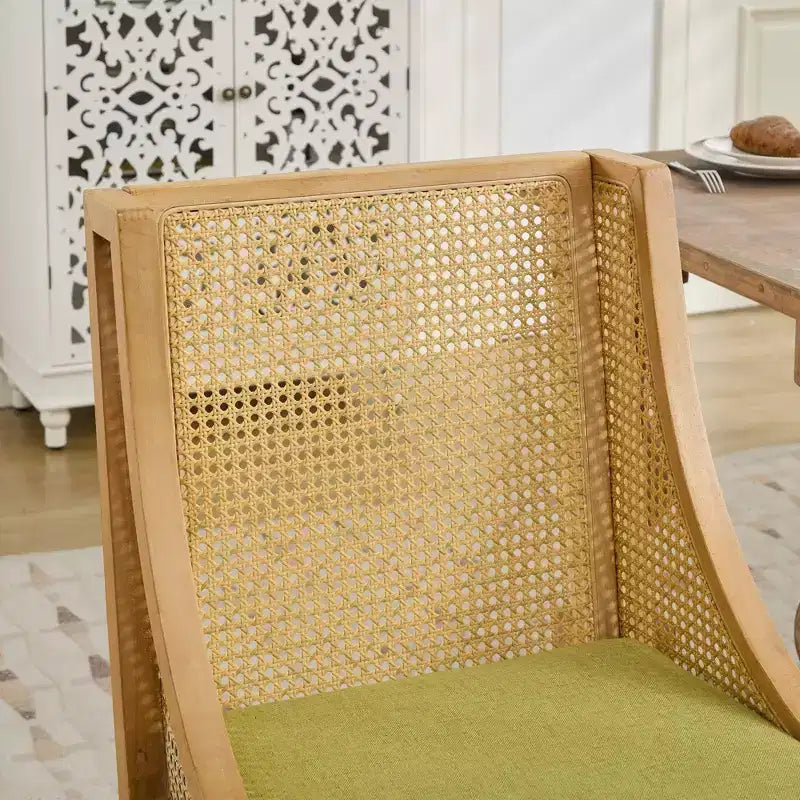Rattan Dining Chair, Solid Wood Frame, Decorative Armrests, Linen Seat, Rustic Style, Natural Finish, Single Pack