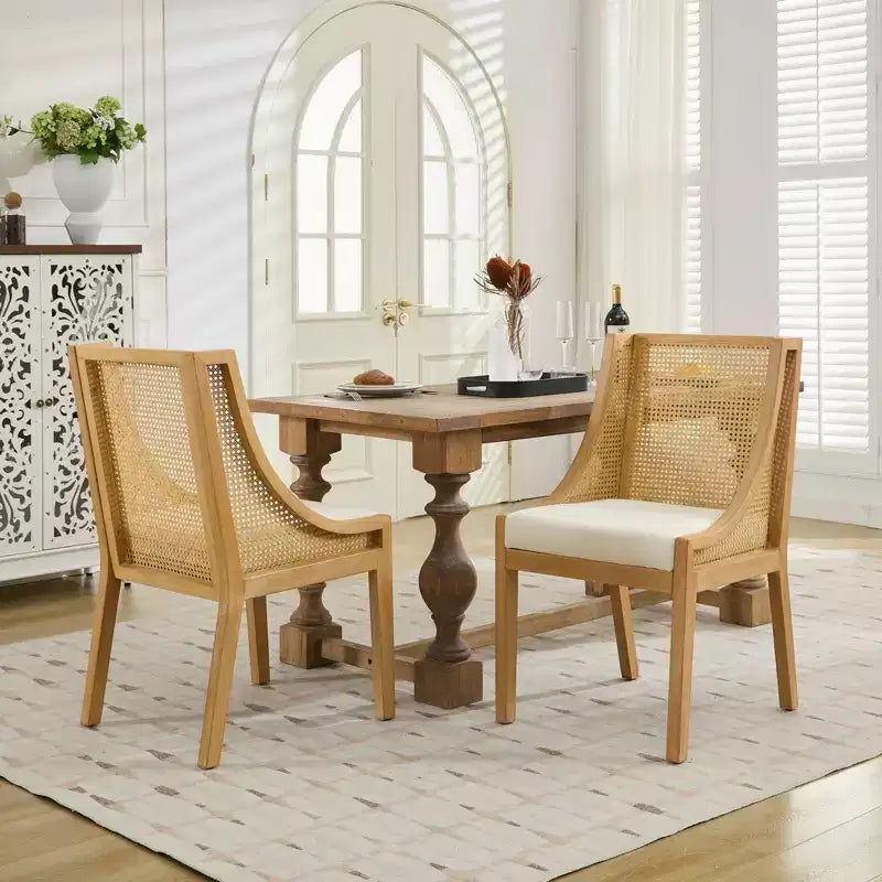 Rattan Dining Chair, Solid Wood Frame, Decorative Armrests, Linen Seat, Rustic Style, Natural Finish, Single Pack