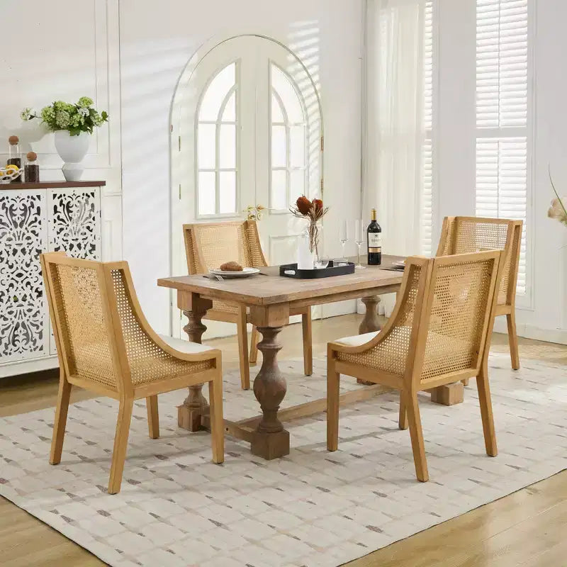 Rattan Dining Chair, Solid Wood Frame, Decorative Armrests, Linen Seat, Rustic Style, Natural Finish, Single Pack