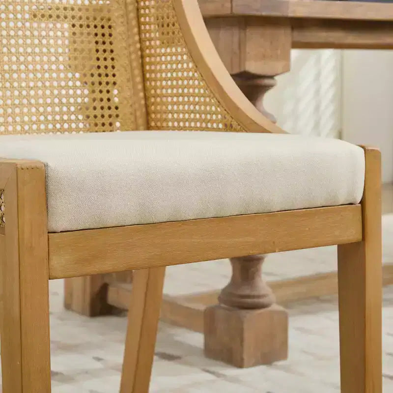 Rattan Dining Chair, Solid Wood Frame, Decorative Armrests, Linen Seat, Rustic Style, Natural Finish, Single Pack