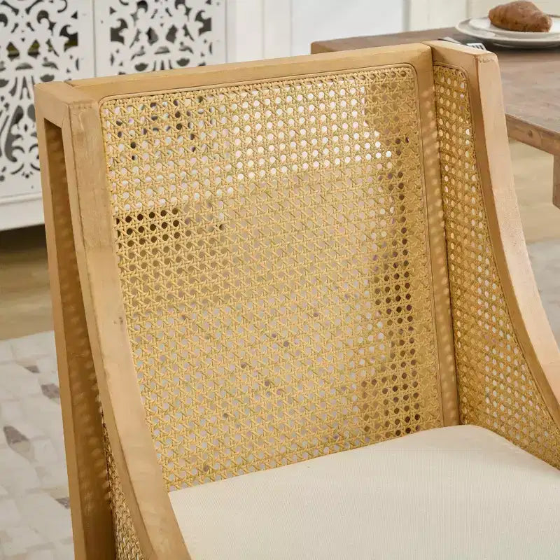Rattan Dining Chair, Solid Wood Frame, Decorative Armrests, Linen Seat, Rustic Style, Natural Finish, Single Pack
