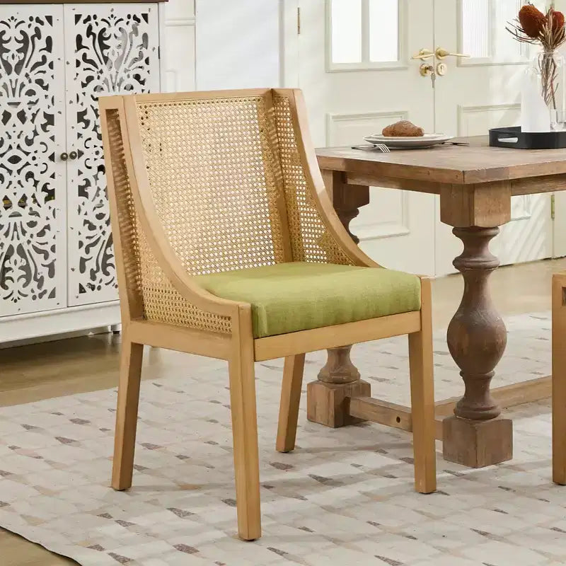 Rattan Dining Chair, Solid Wood Frame, Decorative Armrests, Linen Seat, Rustic Style, Natural Finish, Single Pack