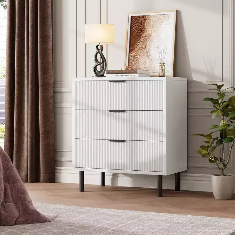 3-Drawer Fluted Nightstand with Metal Legs, Compact Bedside Table for Bedroom and Living Room