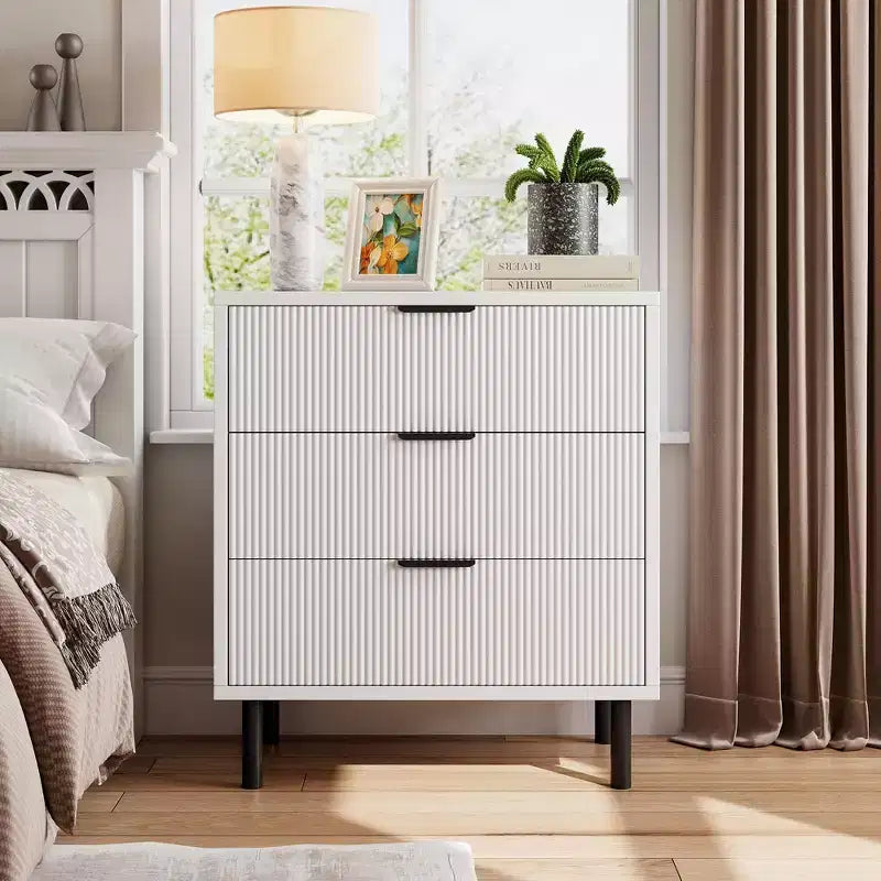 3-Drawer Fluted Nightstand with Metal Legs, Compact Bedside Table for Bedroom and Living Room
