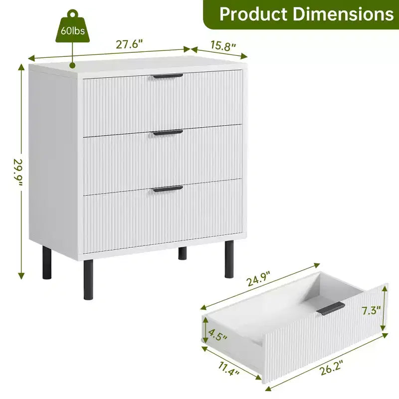 3-Drawer Fluted Nightstand with Metal Legs, Compact Bedside Table for Bedroom and Living Room
