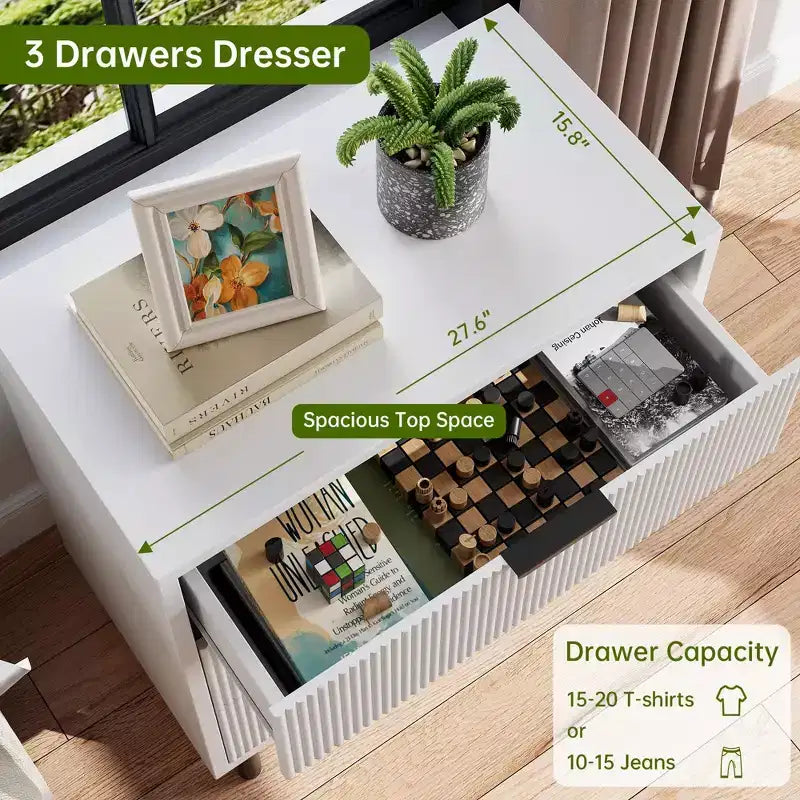 3-Drawer Fluted Nightstand with Metal Legs, Compact Bedside Table for Bedroom and Living Room