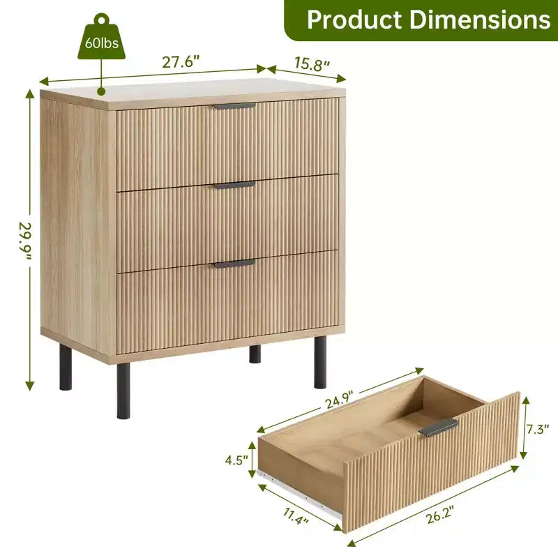 3-Drawer Fluted Nightstand with Metal Legs, Compact Bedside Table for Bedroom and Living Room