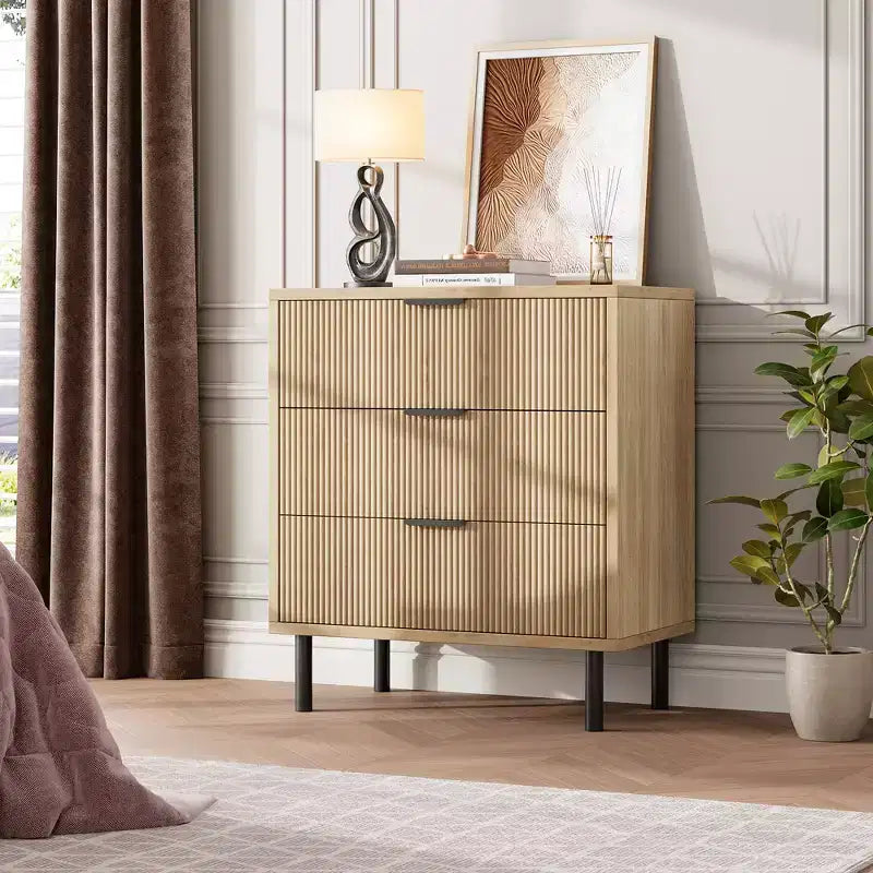 3-Drawer Fluted Nightstand with Metal Legs, Compact Bedside Table for Bedroom and Living Room
