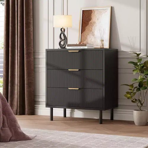 3-Drawer Fluted Nightstand with Metal Legs, Compact Bedside Table for Bedroom and Living Room