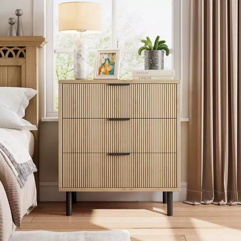3-Drawer Fluted Nightstand with Metal Legs, Compact Bedside Table for Bedroom and Living Room
