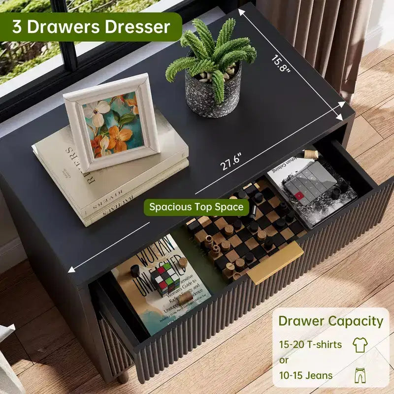 3-Drawer Fluted Nightstand with Metal Legs, Compact Bedside Table for Bedroom and Living Room
