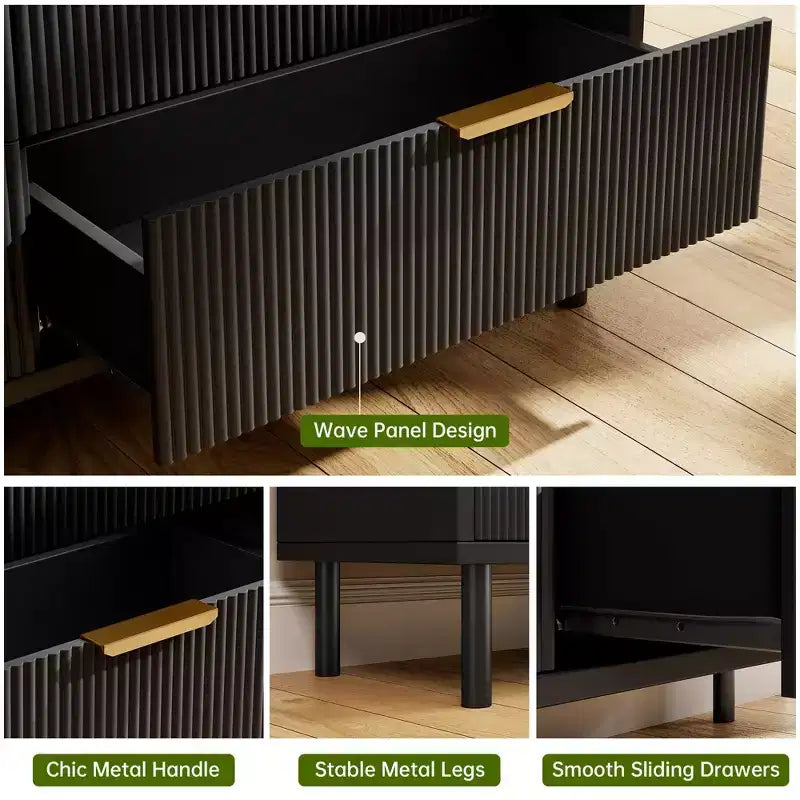 3-Drawer Fluted Nightstand with Metal Legs, Compact Bedside Table for Bedroom and Living Room