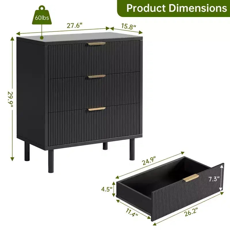 3-Drawer Fluted Nightstand with Metal Legs, Compact Bedside Table for Bedroom and Living Room
