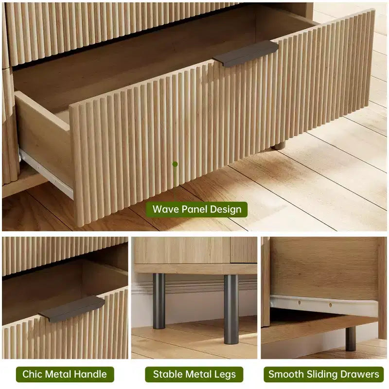 3-Drawer Fluted Nightstand with Metal Legs, Compact Bedside Table for Bedroom and Living Room