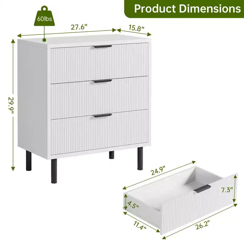 3-Drawer Fluted Nightstand with Metal Legs, Compact Bedside Table for Bedroom and Living Room