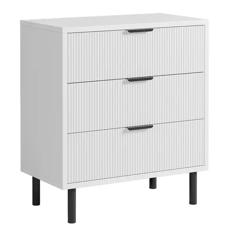 3-Drawer Fluted Nightstand with Metal Legs, Compact Bedside Table for Bedroom and Living Room