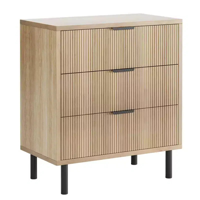 3-Drawer Fluted Nightstand with Metal Legs, Compact Bedside Table for Bedroom and Living Room