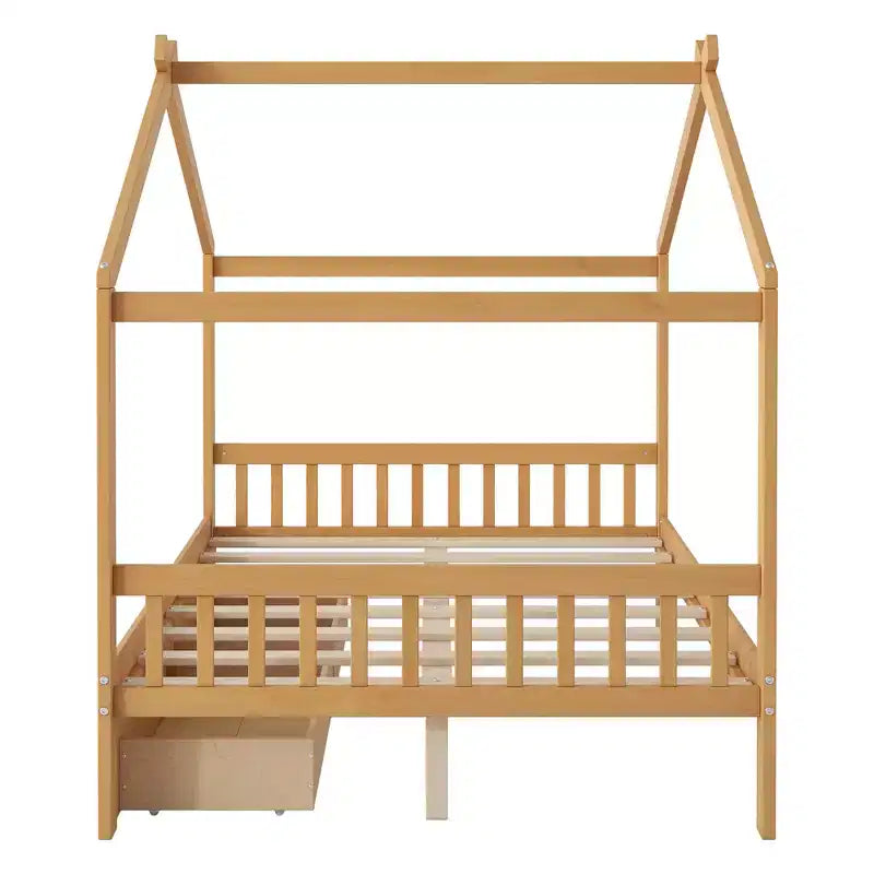 Full Wooden House Bed Frame with Two Storage Drawers, Platform with Roof Design Headboard and Footboard, for Girls Boys
