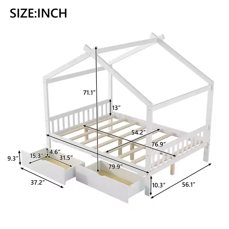 Full Wooden House Bed Frame with Two Storage Drawers, Platform with Roof Design Headboard and Footboard, for Girls Boys