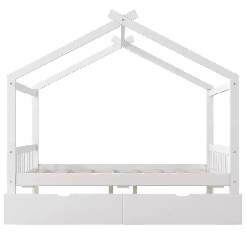 Full Wooden House Bed Frame with Two Storage Drawers, Platform with Roof Design Headboard and Footboard, for Girls Boys