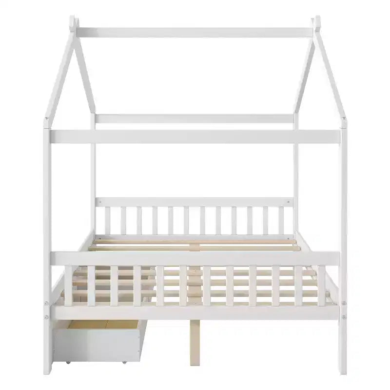 Full Wooden House Bed Frame with Two Storage Drawers, Platform with Roof Design Headboard and Footboard, for Girls Boys