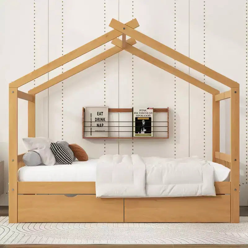Full Wooden House Bed Frame with Two Storage Drawers, Platform with Roof Design Headboard and Footboard, for Girls Boys