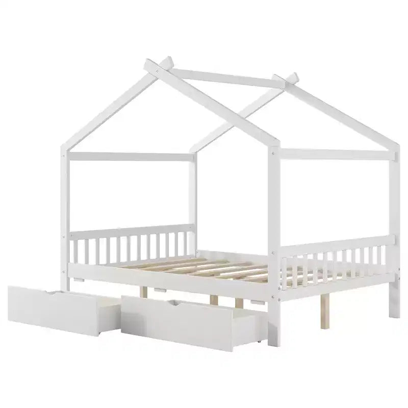 Full Wooden House Bed Frame with Two Storage Drawers, Platform with Roof Design Headboard and Footboard, for Girls Boys