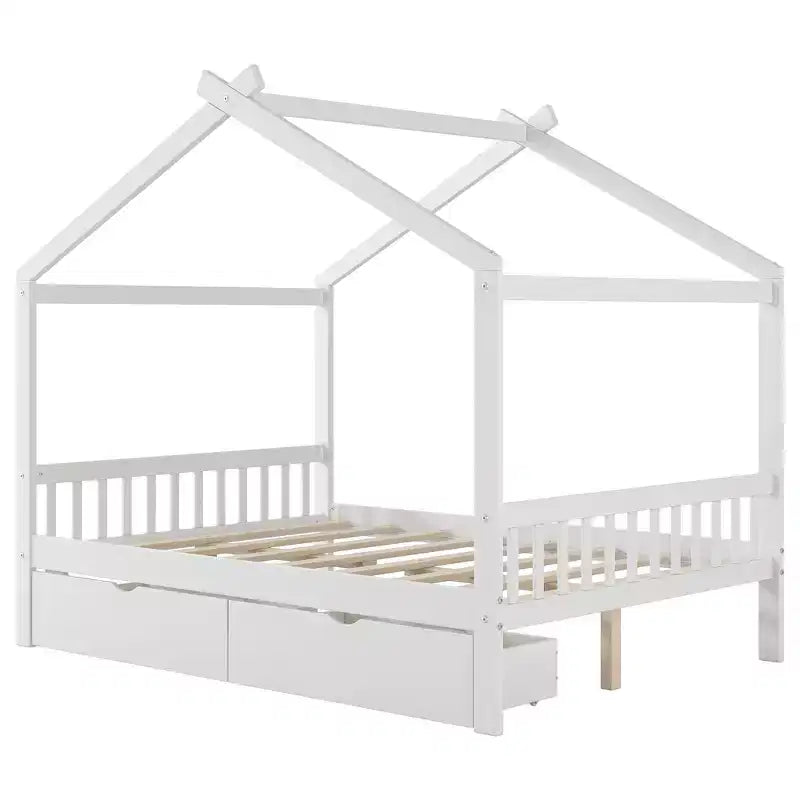 Full Wooden House Bed Frame with Two Storage Drawers, Platform with Roof Design Headboard and Footboard, for Girls Boys