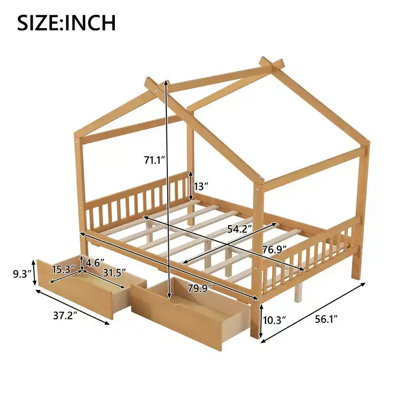 Full Wooden House Bed Frame with Two Storage Drawers, Platform with Roof Design Headboard and Footboard, for Girls Boys