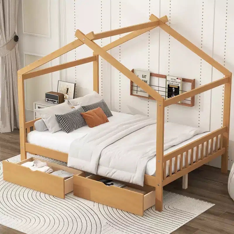Full Wooden House Bed Frame with Two Storage Drawers, Platform with Roof Design Headboard and Footboard, for Girls Boys