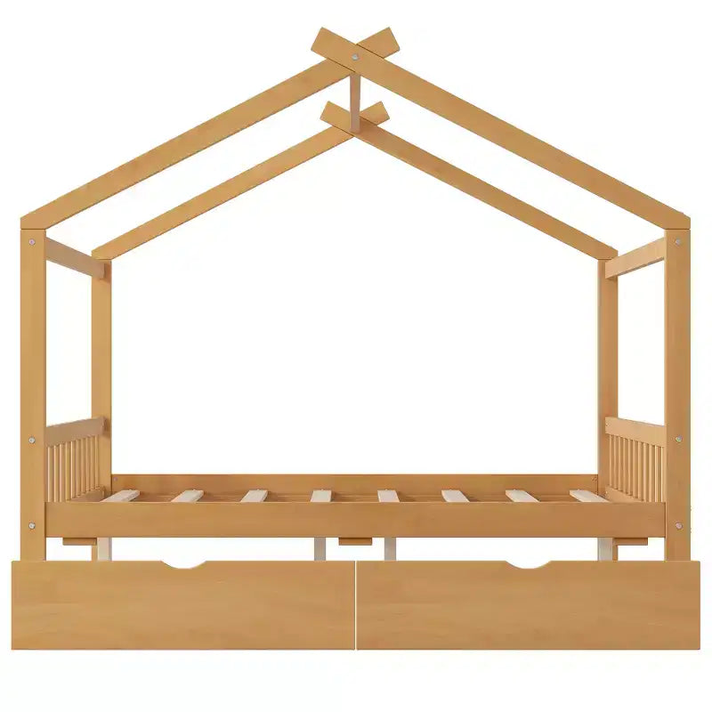Full Wooden House Bed Frame with Two Storage Drawers, Platform with Roof Design Headboard and Footboard, for Girls Boys