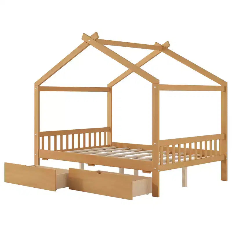 Full Wooden House Bed Frame with Two Storage Drawers, Platform with Roof Design Headboard and Footboard, for Girls Boys