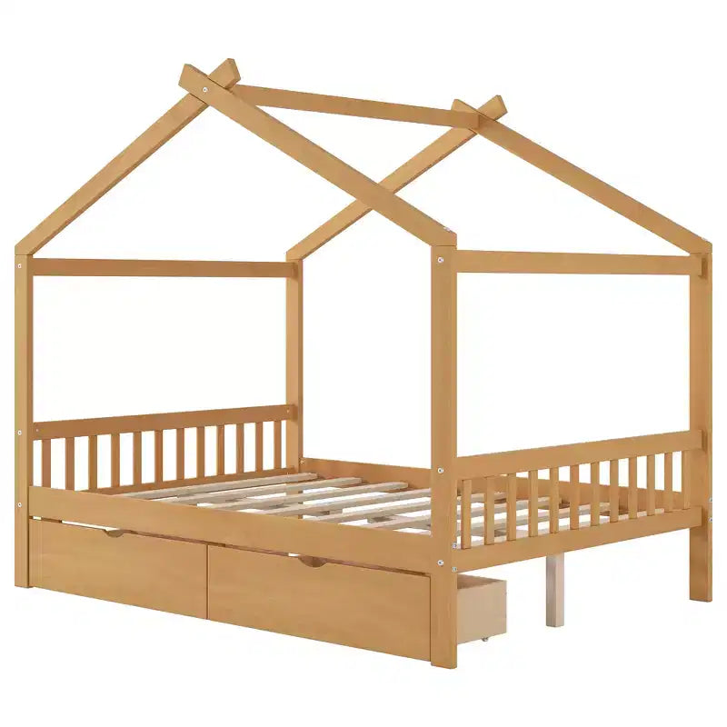 Full Wooden House Bed Frame with Two Storage Drawers, Platform with Roof Design Headboard and Footboard, for Girls Boys