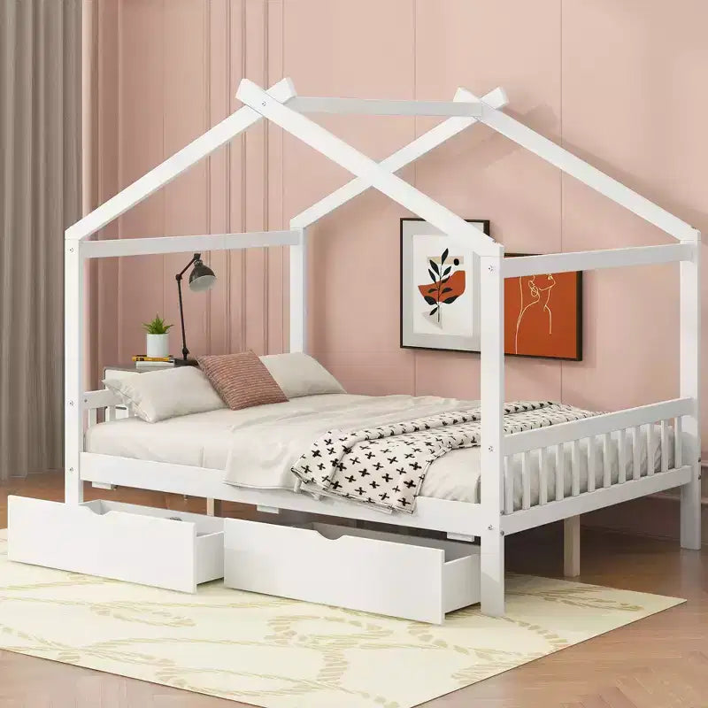Full Wooden House Bed Frame with Two Storage Drawers, Platform with Roof Design Headboard and Footboard, for Girls Boys