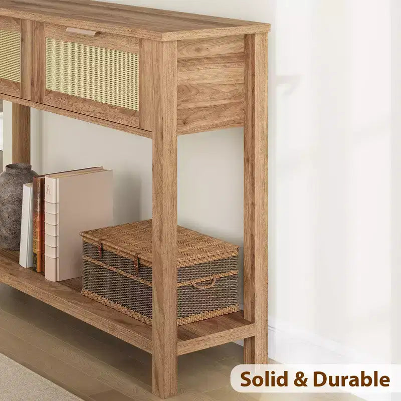 43 Inch Farmhouse Rattan Console Tables for Entryway, Narrow Wood Couch Table Behind Sofa, Boho Console Sofa Table, for Living Room