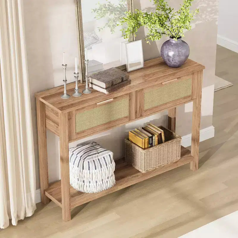 43 Inch Farmhouse Rattan Console Tables for Entryway, Narrow Wood Couch Table Behind Sofa, Boho Console Sofa Table, for Living Room