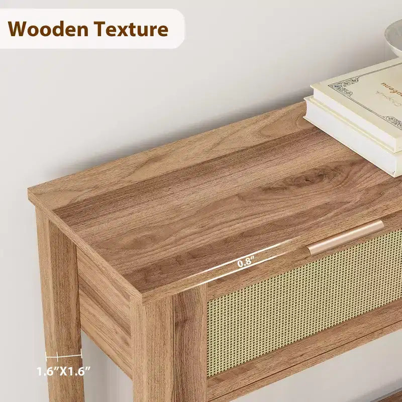 43 Inch Farmhouse Rattan Console Tables for Entryway, Narrow Wood Couch Table Behind Sofa, Boho Console Sofa Table, for Living Room