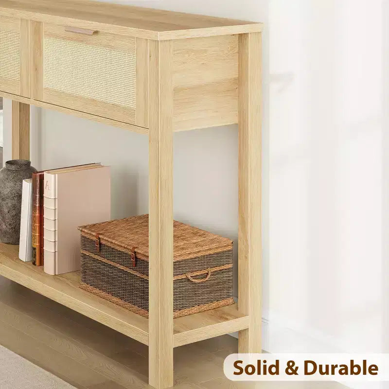 43 Inch Farmhouse Rattan Console Tables for Entryway, Narrow Wood Couch Table Behind Sofa, Boho Console Sofa Table, for Living Room