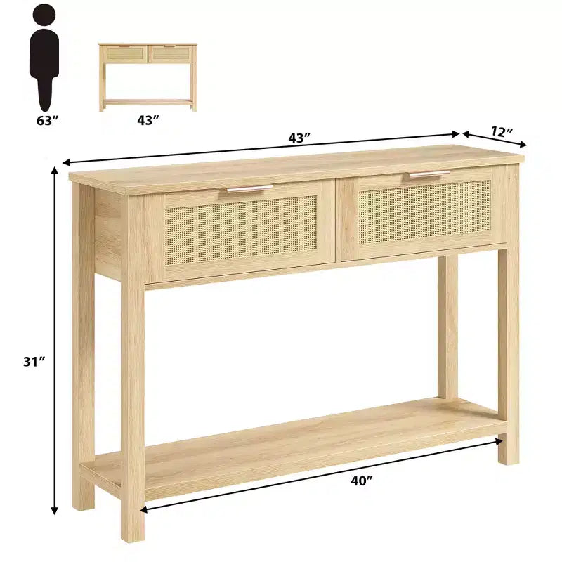 43 Inch Farmhouse Rattan Console Tables for Entryway, Narrow Wood Couch Table Behind Sofa, Boho Console Sofa Table, for Living Room