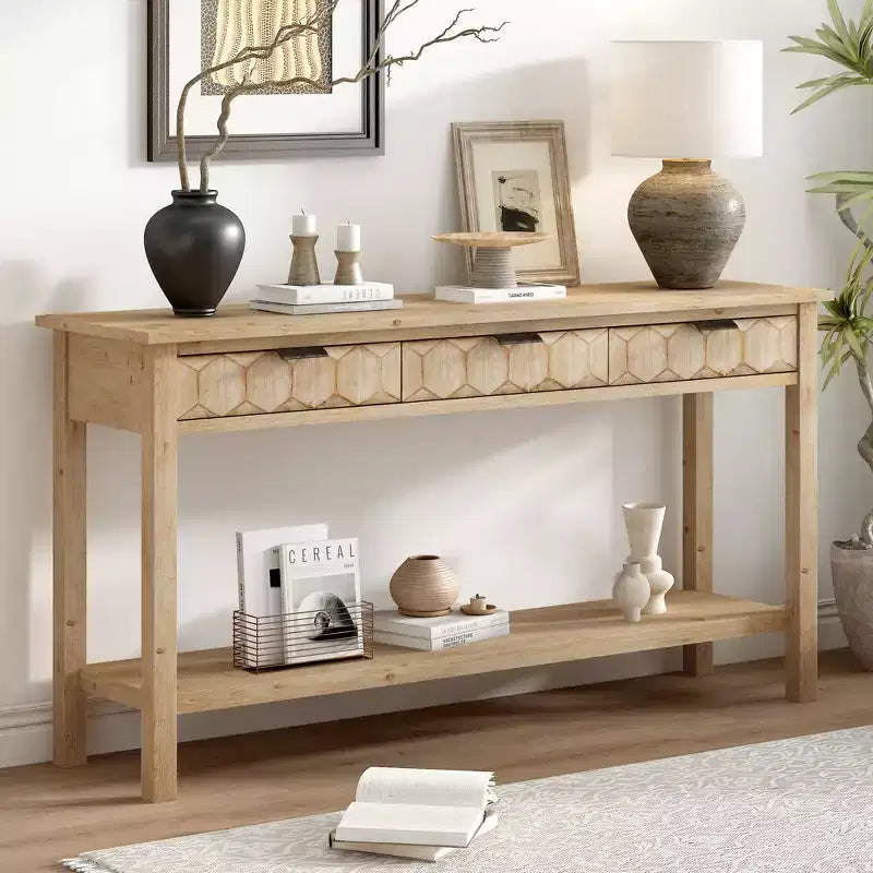 60 Inch Fir Veneer Entryway Console Table with Honeycomb-Patterned Fronts and 3 Drawers, Solid Fir Legs