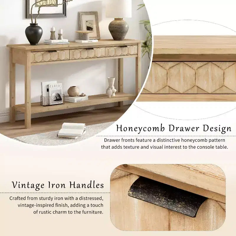 60 Inch Fir Veneer Entryway Console Table with Honeycomb-Patterned Fronts and 3 Drawers, Solid Fir Legs