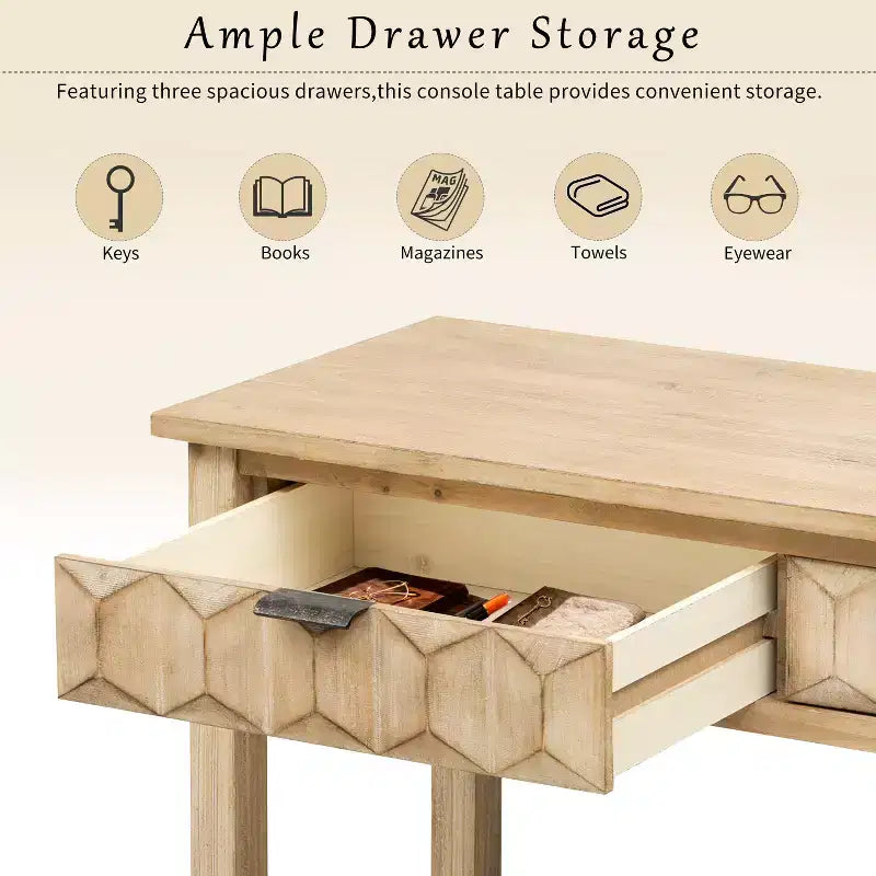 60 Inch Fir Veneer Entryway Console Table with Honeycomb-Patterned Fronts and 3 Drawers, Solid Fir Legs